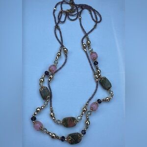 Vintage Pink Rose Quartz Jasper Beaded Gold Tone Statement Necklace